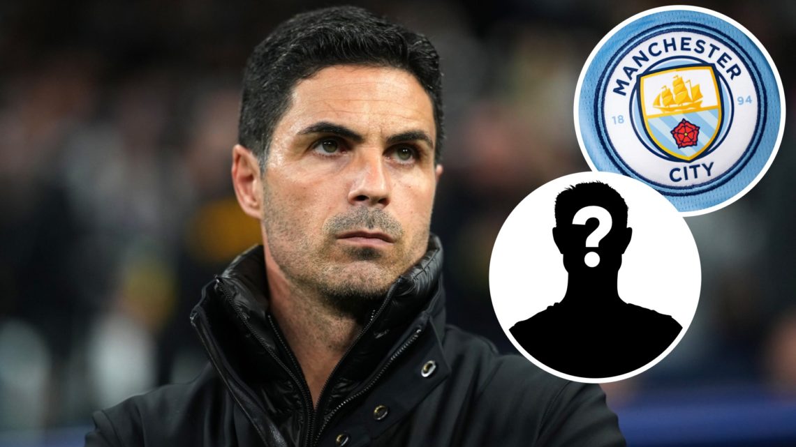 Image of Arsenal manager Mikel Arteta looking serious during a game with insets of the Manchester City badge and a mystery player