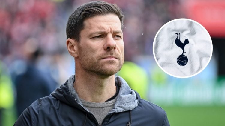 Image of Bayer Leverkusen manager Xabi Alonso looking serious with an inset of the Tottenham Hotspur badge