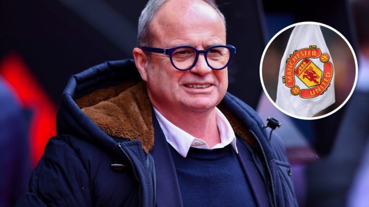 Image of Luis Campos watching a game in France with an inset of the Manchester United badge on a flag