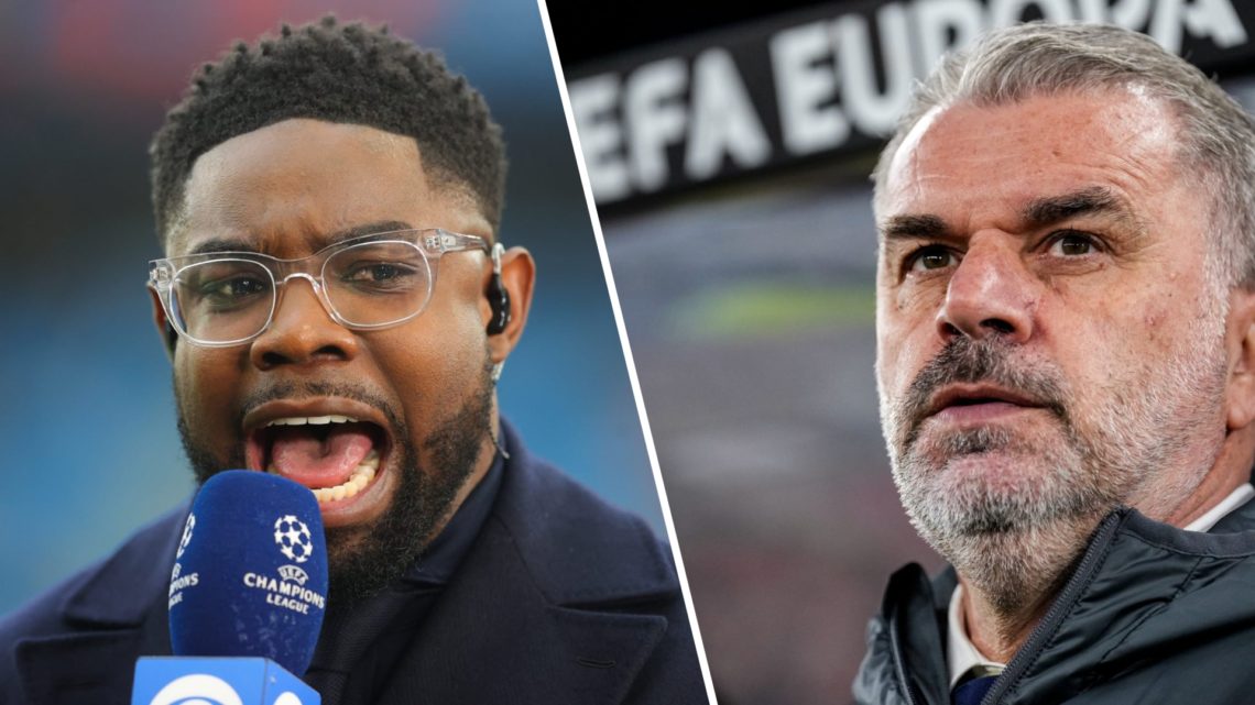 Split image of (L) Micah Richards talking while working as a pundit and (R) Ange Postecoglou on the touchline during a Tottenham game
