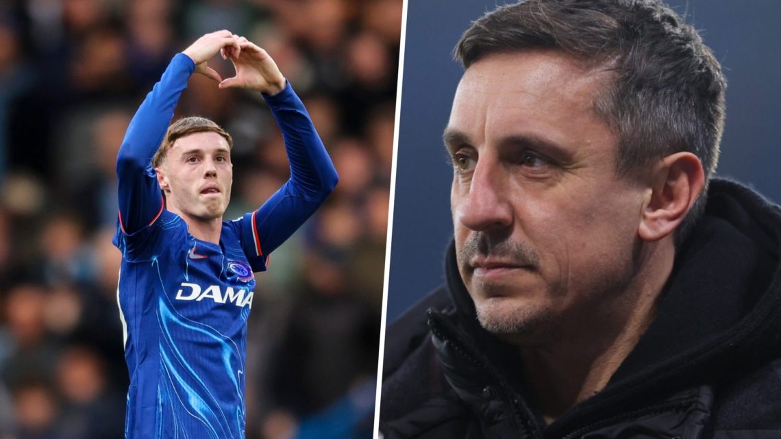 Split image of Chelsea star Cole Palmer and Gary Neville