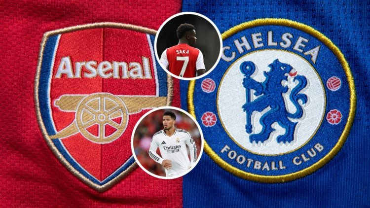 Image of Arsenal and Chelsea badges, Bukayo Saka and Jude Bellingham inset