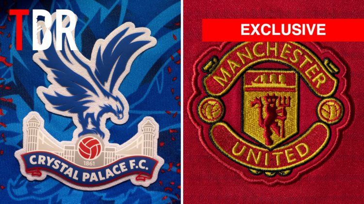 Split image of Crystal Palace badge and Manchester United badge with TBR logo and exclusive inset