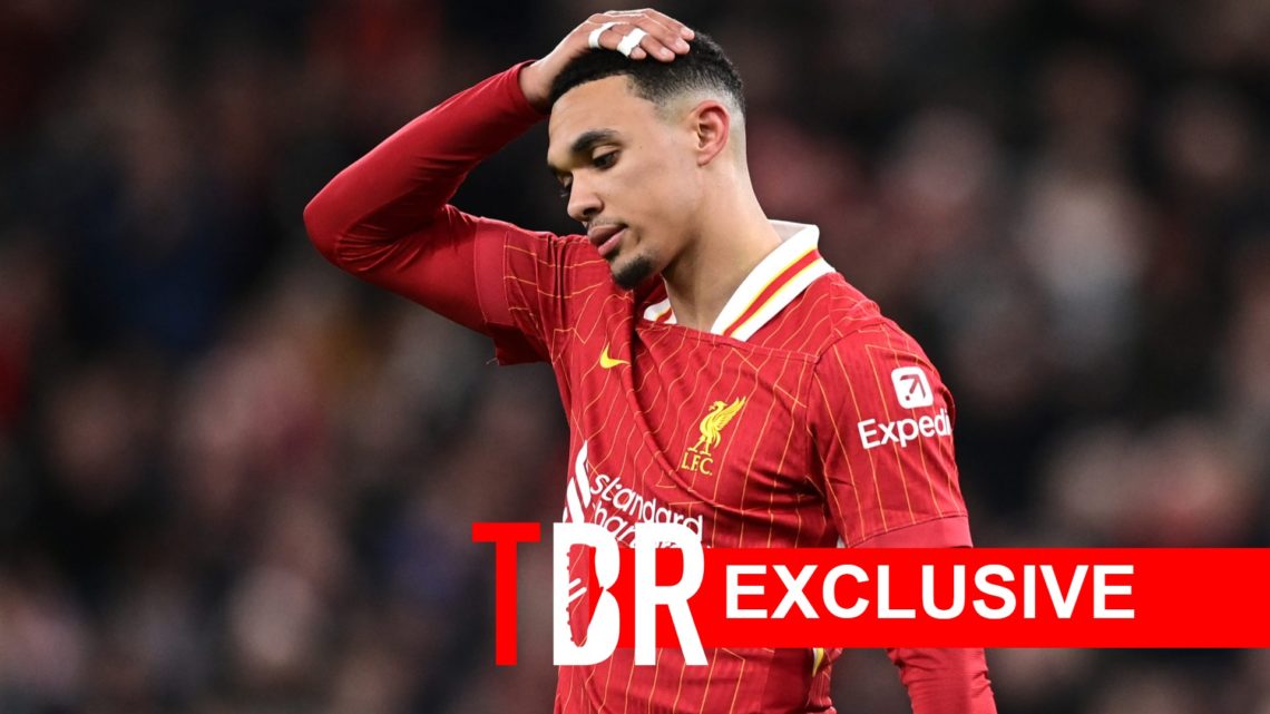 Image of Trent Alexander-Arnold during a Liverpool game, overlaid a TBR Exclusive banner