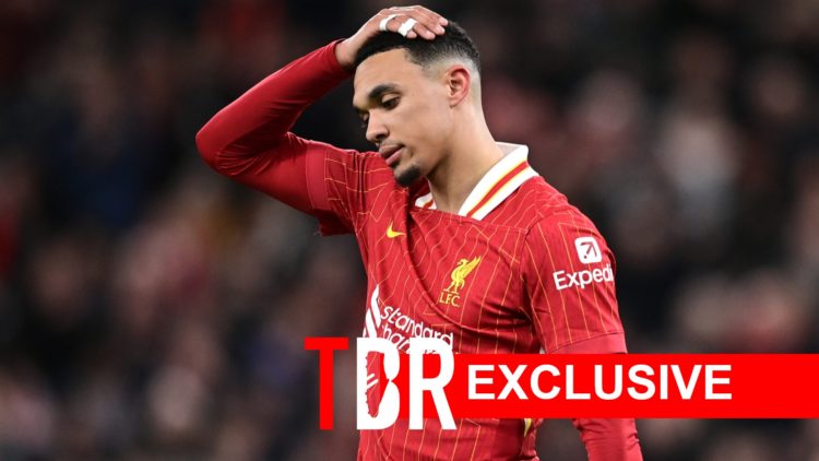 Image of Trent Alexander-Arnold during a Liverpool game, overlaid a TBR Exclusive banner