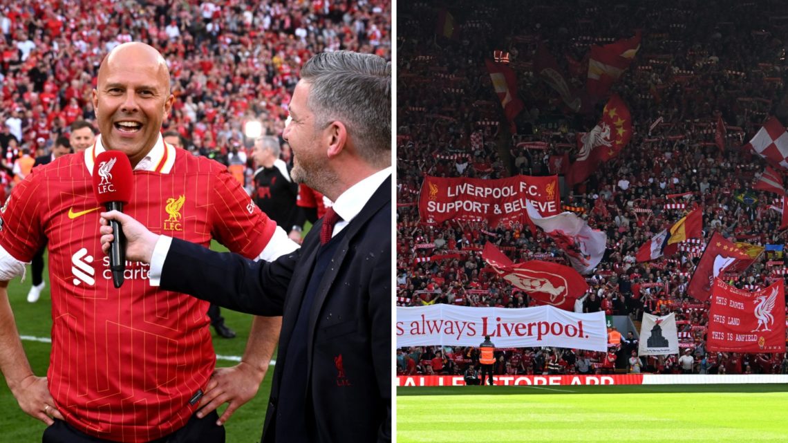 Split image of Arne Slot and Liverpool fans inside Anfield