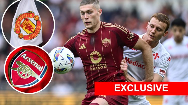 Image of Pietro Comuzzo with overlay of Manchester United flag and overlay of Arsenal badge