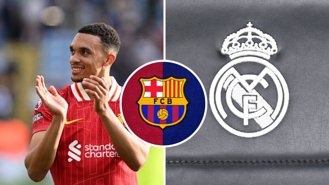 Split image of Trent Alexander-Arnold and Real Madrid logo with overlay of Barcelona badge