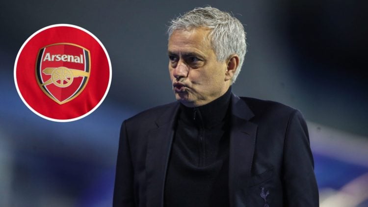 Image of Jose Mourinho during a Tottenham game with an inset of the Arsenal badge
