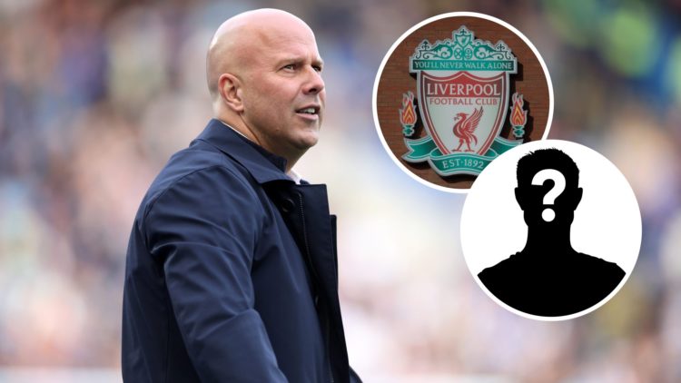 Image of Arne Slot during a Liverpool game with insets of the Liverpool badge and a mystery player