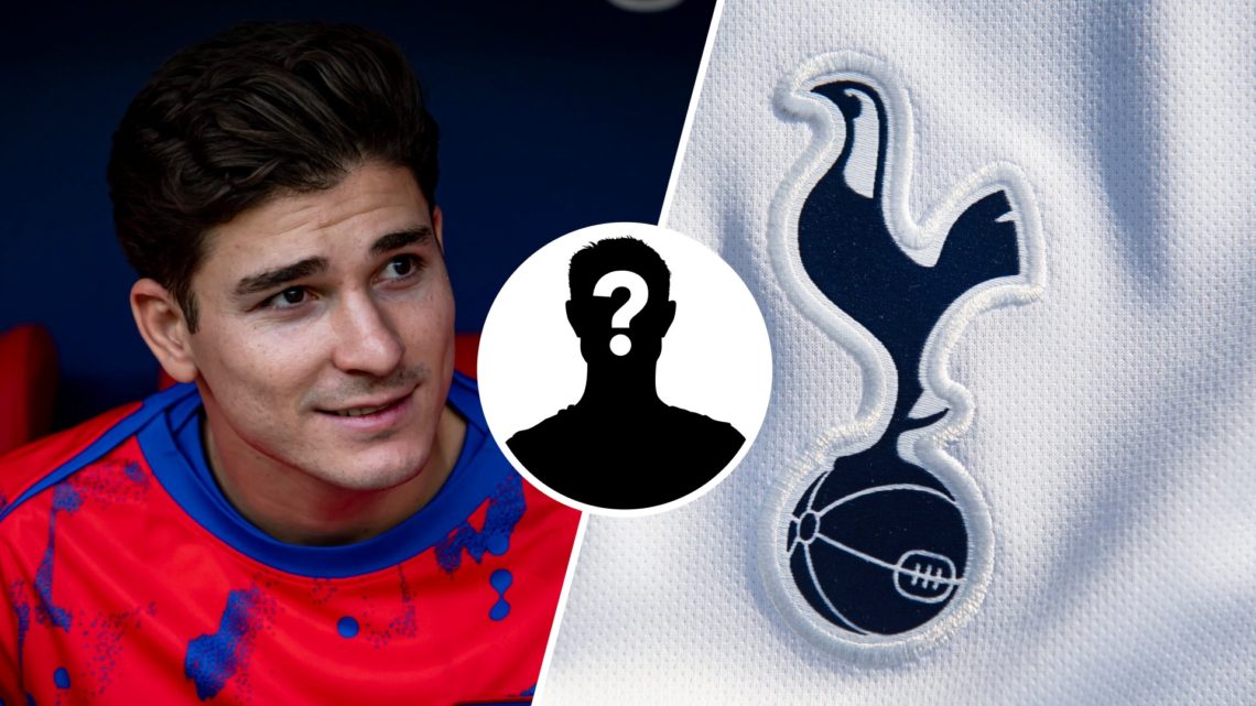 Split image of Julian Alvarez (L) and Tottenham Hotspur badge (R)