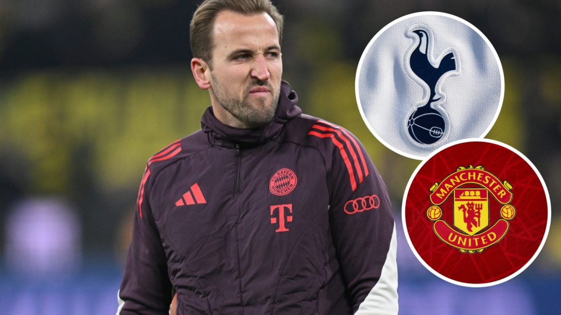 Bayern Munich striker Harry Kane. Inset of Tottenham Hotspur badge and Manchester United badge.