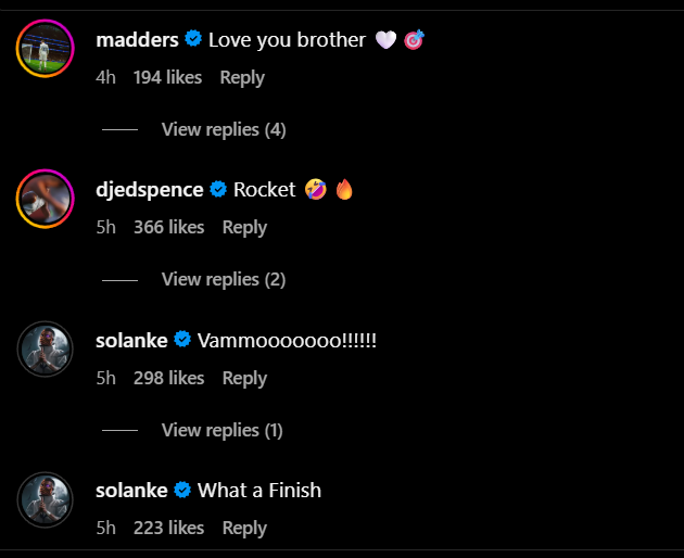 Screengrab of replies under Pedro Porro's Instagram post celebrating Tottenham reaching the Europa League final