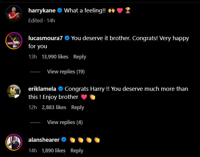 Screengrab of replies from Lucas Moura and Erik Lamela under Harry Kane's Instagram post celebrating winning the Bundesliga