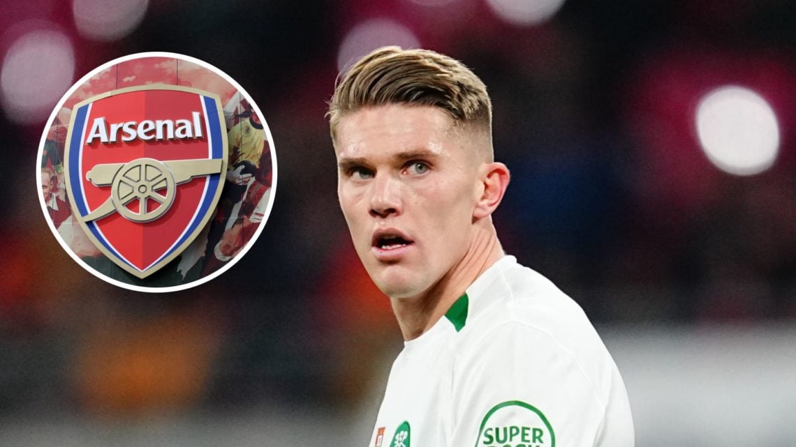 Viktor Gyokeres of Sporting CP looks on against RB Leipzig with inset of Arsenal badge