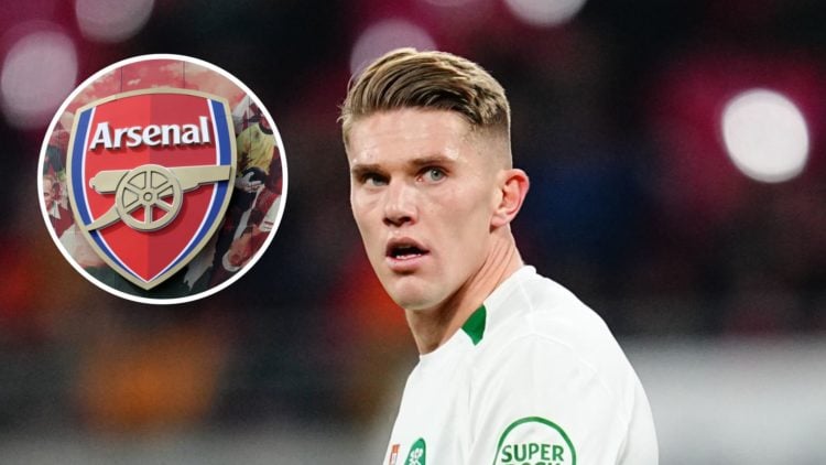 Viktor Gyokeres of Sporting CP looks on against RB Leipzig with inset of Arsenal badge