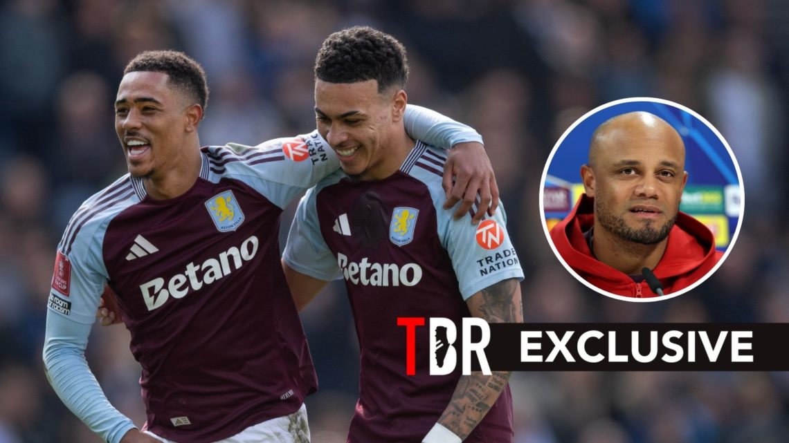 Morgan Rogers and Jacob Ramsey celebrate for Aston Villa. Inset, Bayern Munich manager Vincent Kompany.