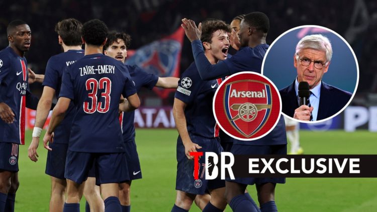 PSG players celebrate a goal in the Champions League. Inset, Arsenal badge and Arsene Wenger.
