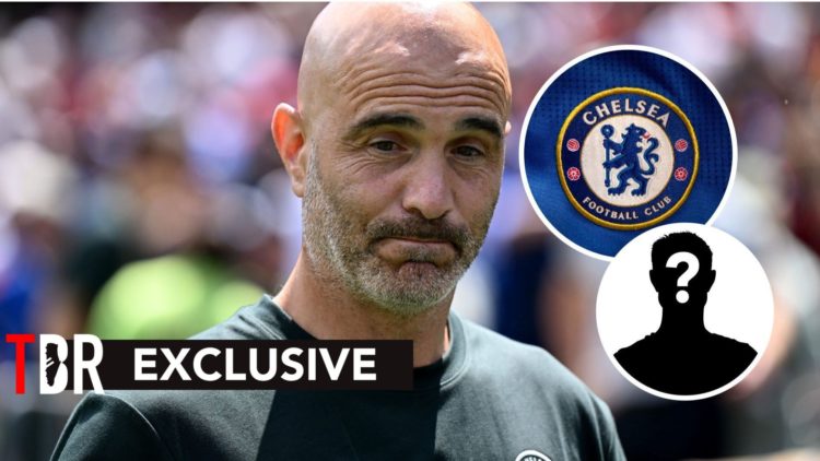 Image of Enzo Maresca looking dejected, Chelsea badge and mystery figure inset