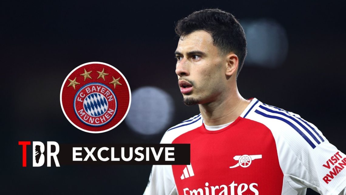 Gabriel Martinelli looks on during an Arsenal match. Inset, Bayern Munich badge.