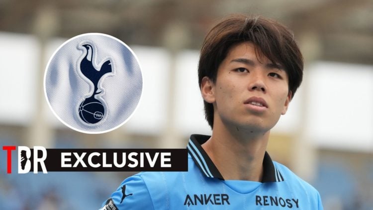 Kota Takai playing for Kawasaki Frontale. Inset, Tottenham badge.