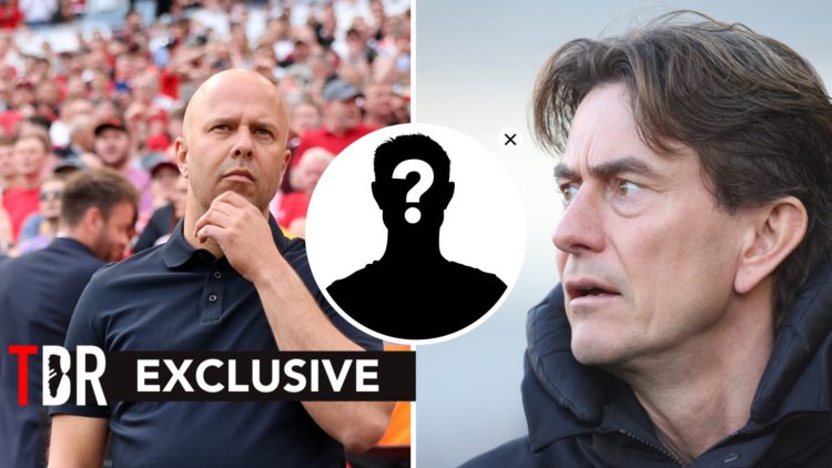 Split image of Liverpool manager Arne Slot and Tottenham manager Thomas Frank with overlay of mystery player