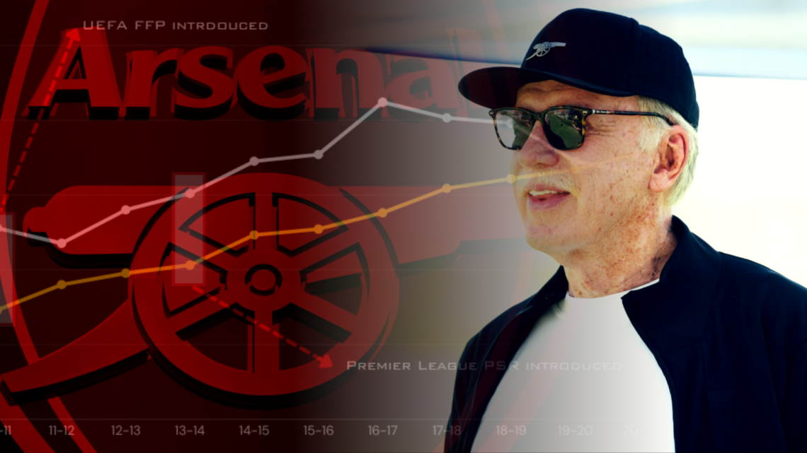 Stan Kroenke looks on, split image with Arsenal badge and abstract finance graph inset