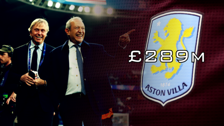 Composite image of Wes Edens, Nassef Sawiris and the Aston Villa club badge on their home shirt, with '£289m' wordage
