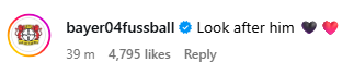 Screengrab of Bayer Leverkusen reply under Liverpool's Instagram post about Florian Wirtz signing