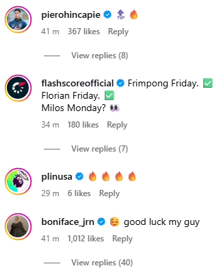 Screengrab of Bayer Leverkusen players' reply under Liverpool's Instagram post about Florian Wirtz signing