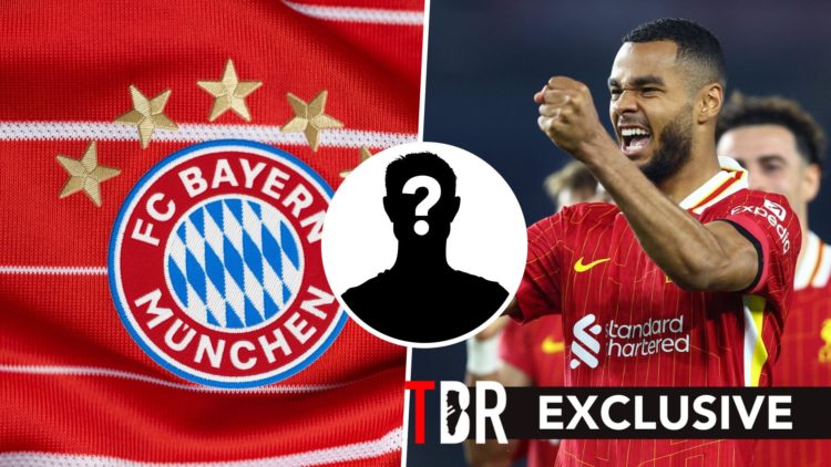 Split image of Bayern Munich badge and Liverpool attacker Cody Gakpo with overlay of mystery player