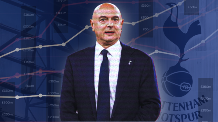 An illustration image of Tottenham chairman and co-owner superimposed over a general view of the Tottenham Hotspur Stadium
