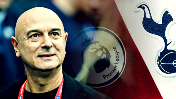 Daniel Levy looks on, split image with the Tottenham badge and Premier League logo inset