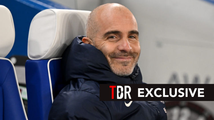 Image of Enzo Maresca smiling while sitting on the bench during a Chelsea game, overlaid a TBR Exclusive banner