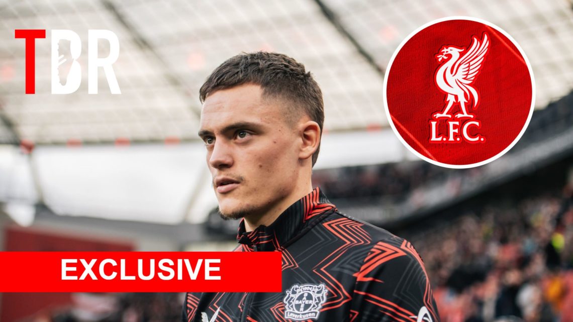 Florian Wirtz of Bayer 04 Leverkusen with inset of A detailed view of the Liverpool FC badge, TBR Logo and Exclusive Banner