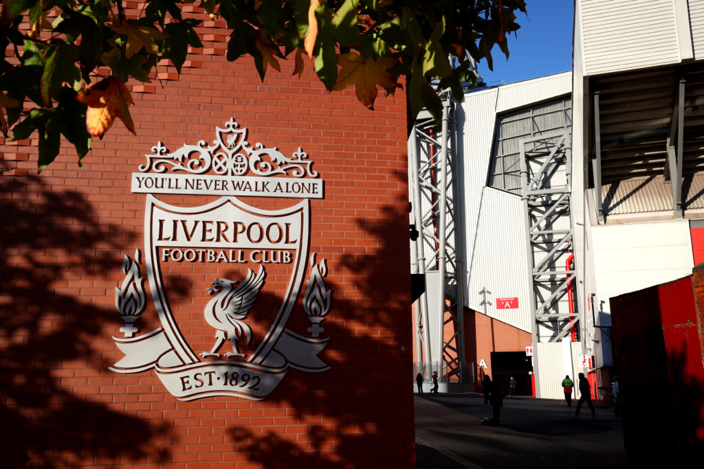 The Liverpool crest on the side of Anfield's stadium walls