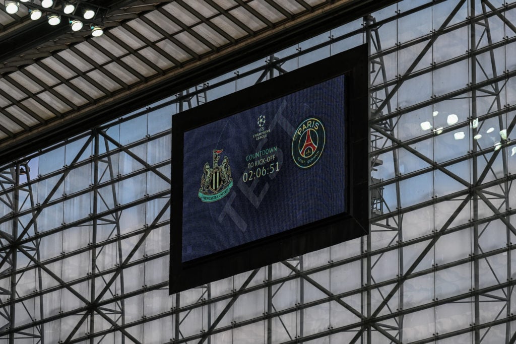Scoreboard at St James' Park ahead of Newcastle United's Champions League meeting with Paris Saint-Germain in October 2023