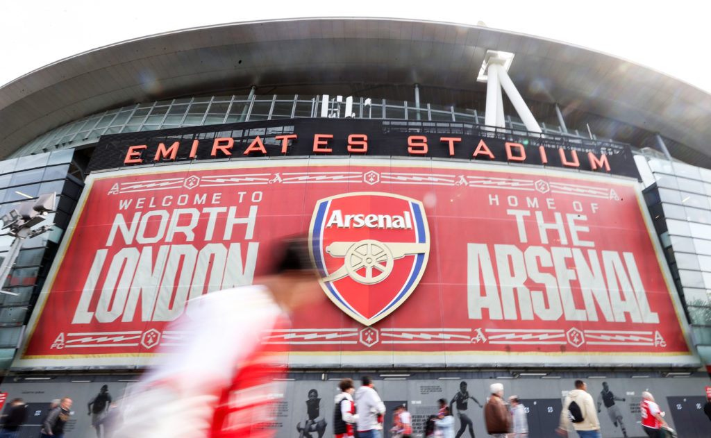 A general external view of the Emirates Stadium, with Arsenal badge prominently featured