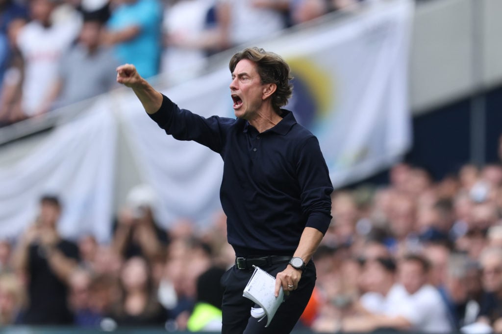 Thomas Frank on the sidelines during Brentford's match with Tottenham.