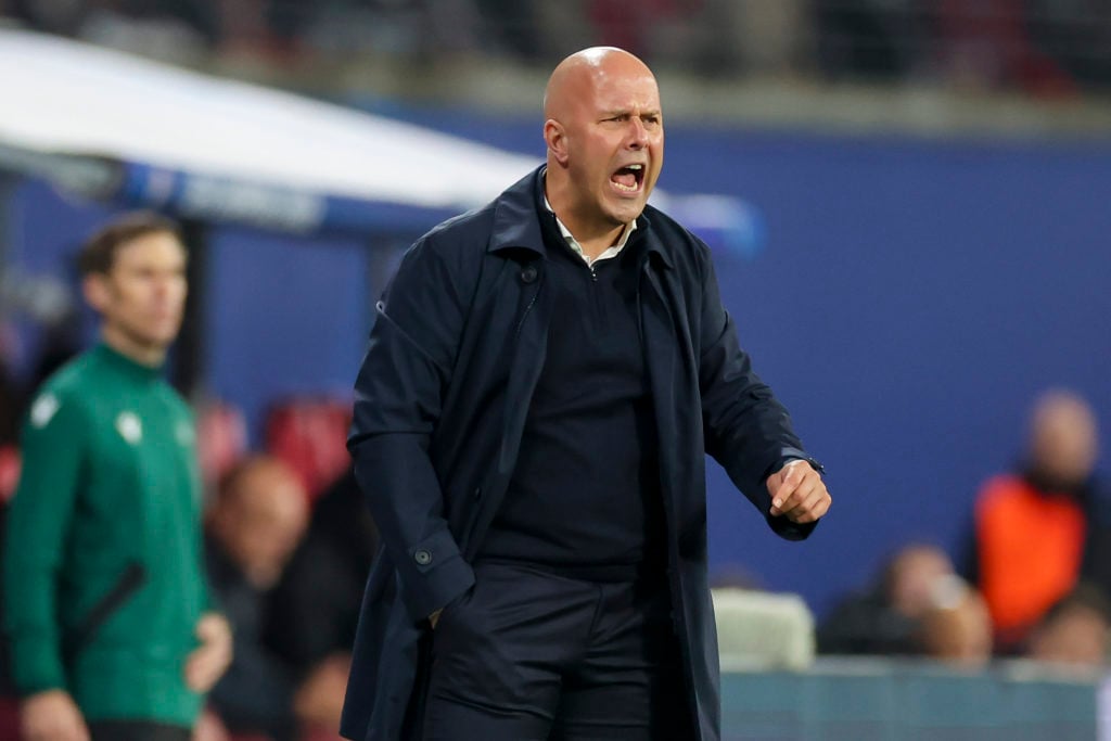 Arne Slot shouts during the UEFA Champions League clash between RB Leipzig and Liverpool.