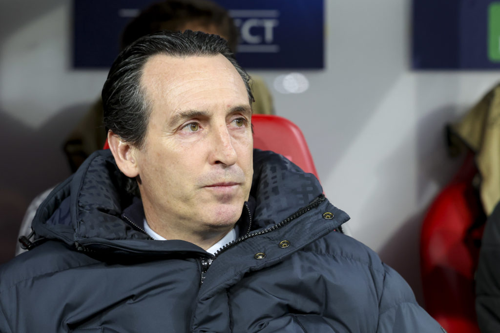 Unai Emery looks dejected during the UEFA Champions League clash between RB Leipzig and Aston Villa.