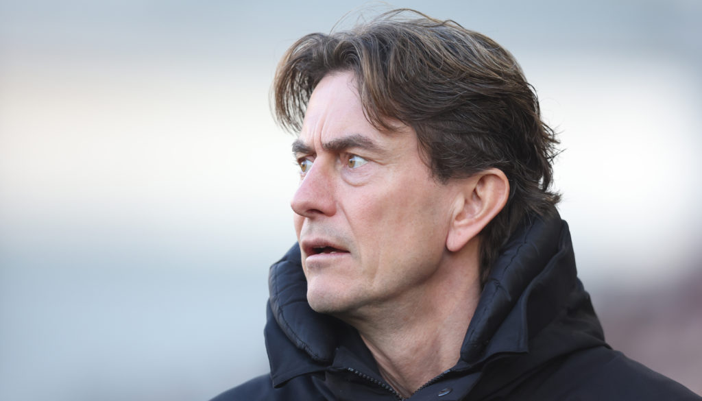 Thomas Frank looks surprised during the Premier League clash between Brentford and Tottenham.