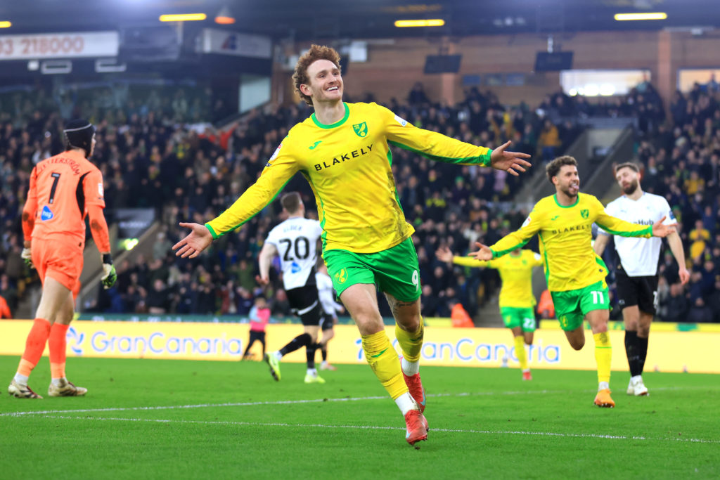 Josh Sargent celebrates a goal for Norwich City in the Championship.