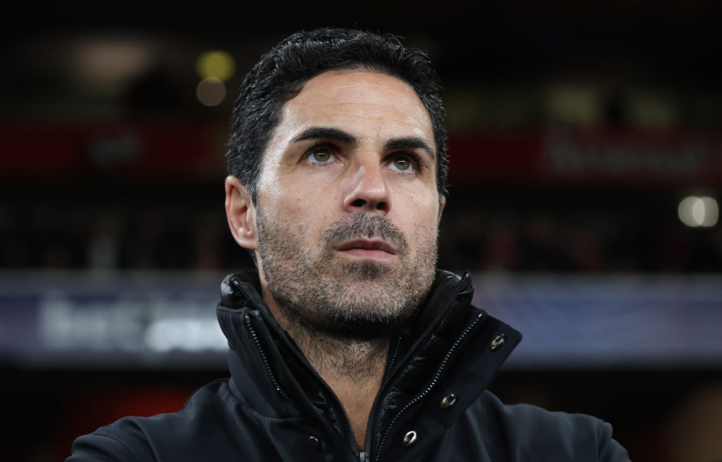 Mikel Arteta looks on before the UEFA Champions League clash between Arsenal and PSV Eindhoven.