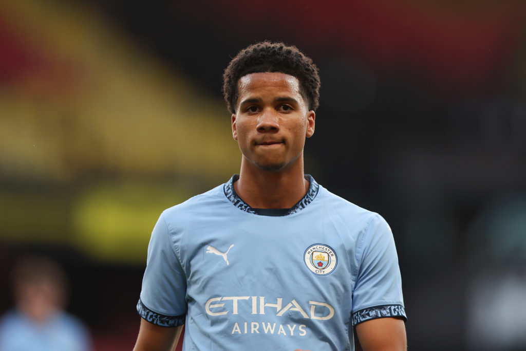 Divine Mukasa of Manchester City looks on during the The FA Youth Cup Semi Final match between Watford and Manchester City at Vicarage Road on April 10, 2025