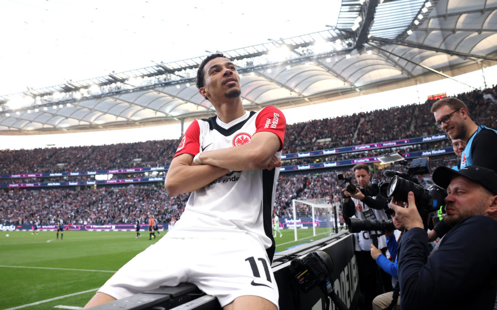 Hugo Ekitike celebrates a goal for Eintracht Frankfurt