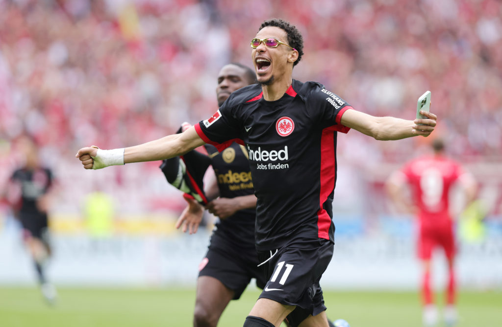 Hugo Ekitike celebrating his goal for Frankfurt vs Freiburg