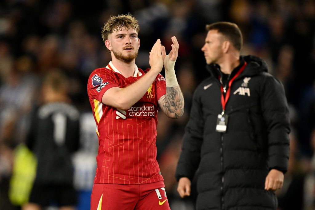 Harvey Elliott applauds the Liverpool fans after the Brighton game