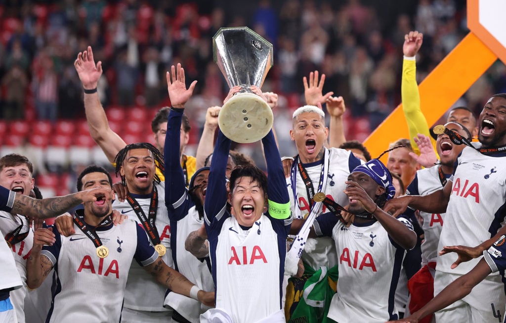 Tottenham captain Son Heung-mmin lifts the Europa League trophy