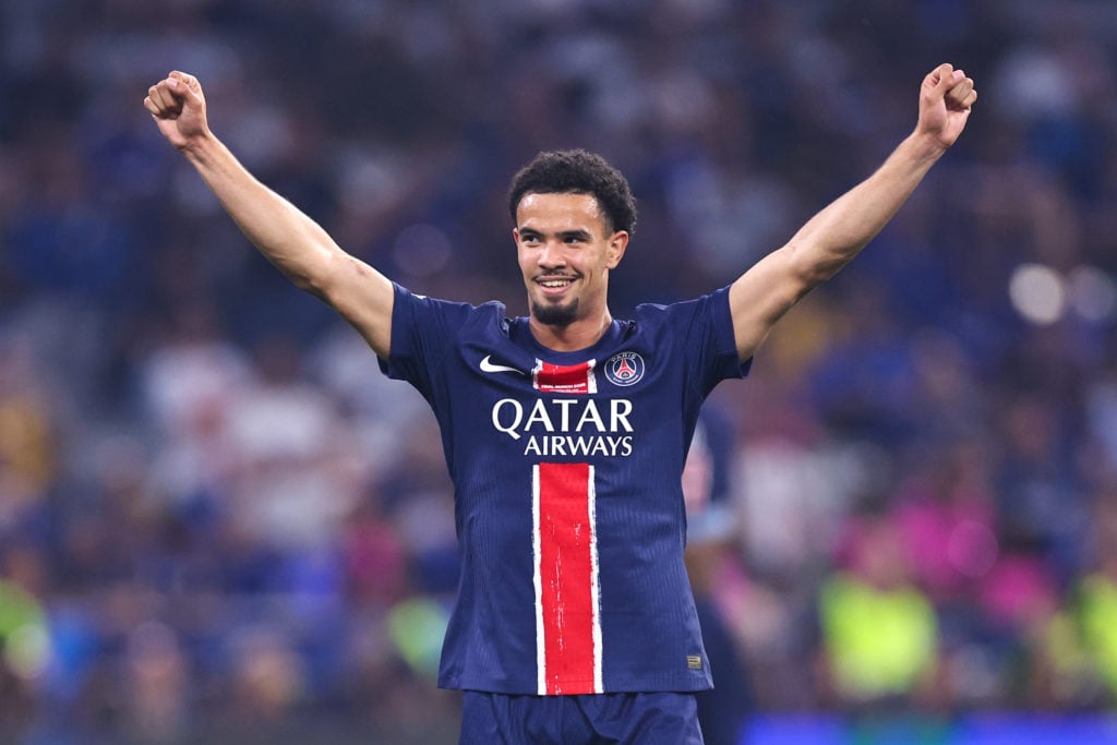 Warren Zaire-Emery celebrates winning the Champions League with PSG.